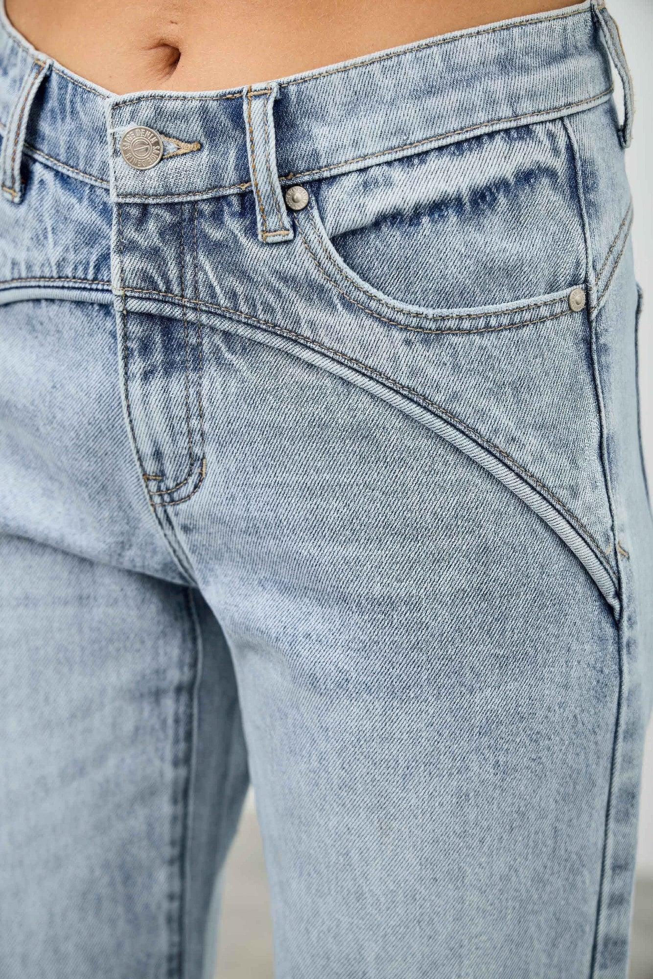 Saige Denim Piping Detail Mid Rise Straight Jeans in light-wash faded style