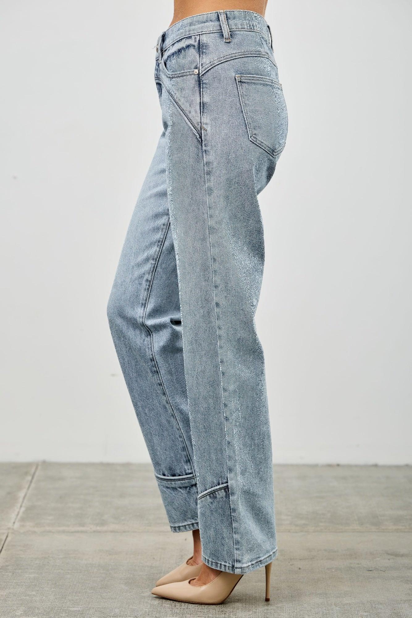 Saige Denim Piping Detail high-rise straight-leg jeans with rolled cuffs