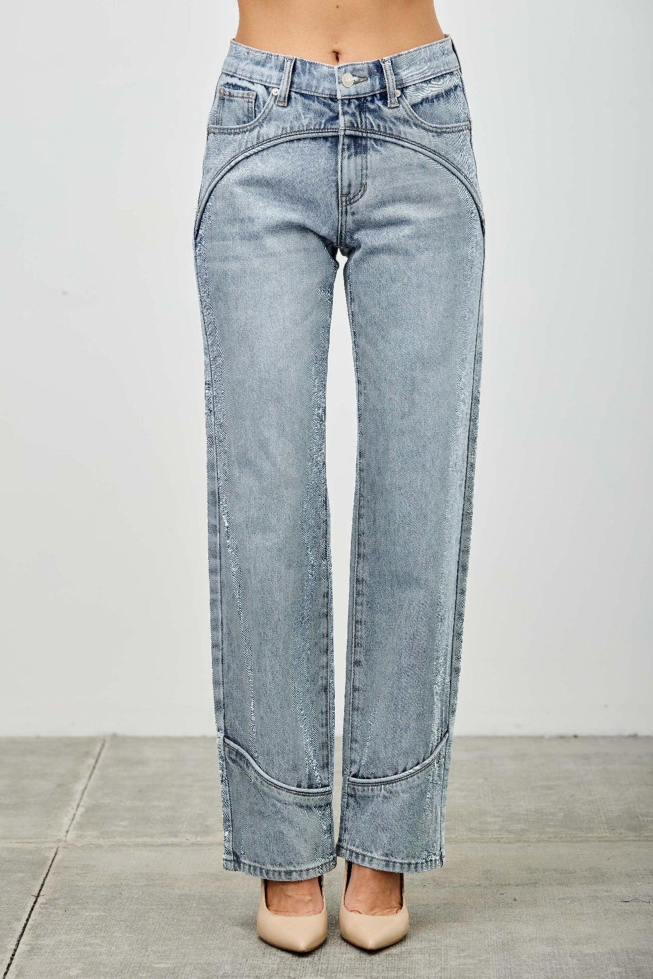 Saige Denim Piping Detail Mid Rise Straight Jeans with glittery seams