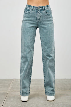 Seige Denim High Rise Slim Wide Straight Jeans in light blue wash
