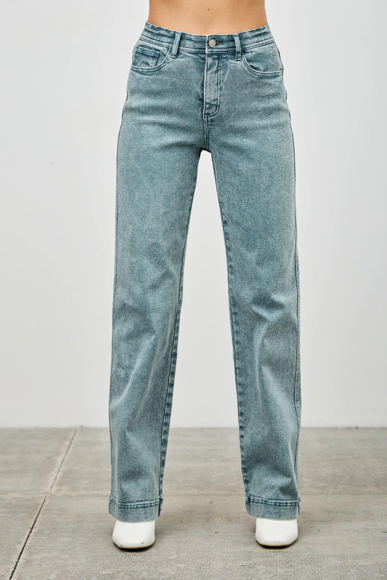 Seige Denim High Rise Slim Wide Straight Jeans in light blue wash