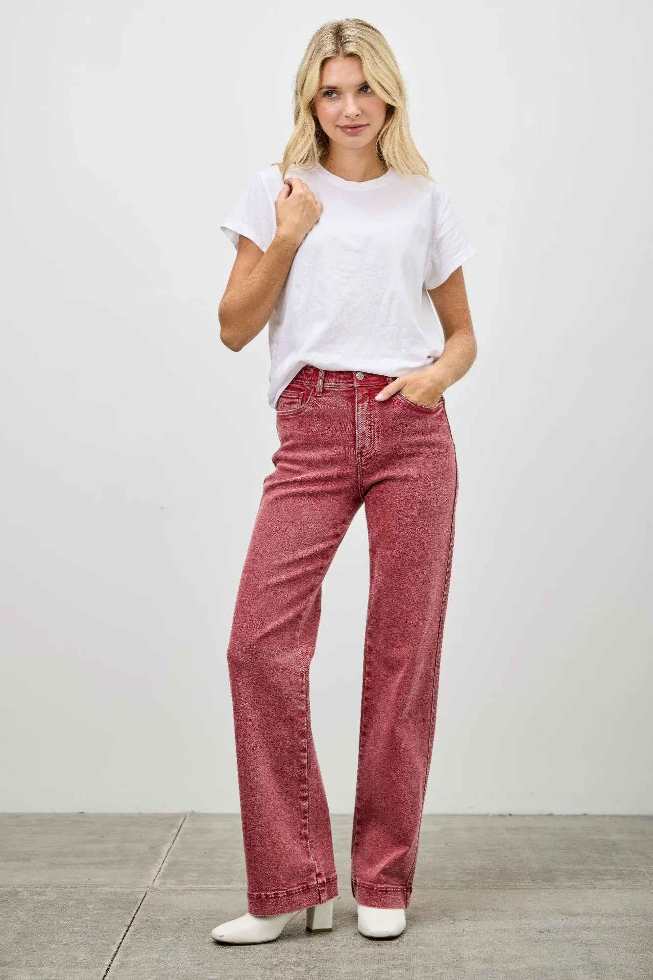 Red Saige high-rise slim wide straight flare jeans in faded denim