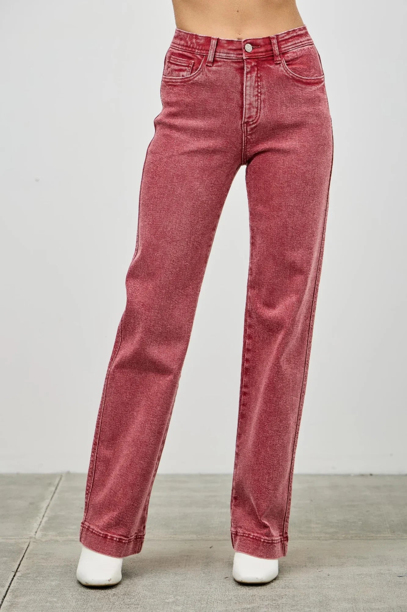 High-rise slim wide straight red denim jeans with faded wash