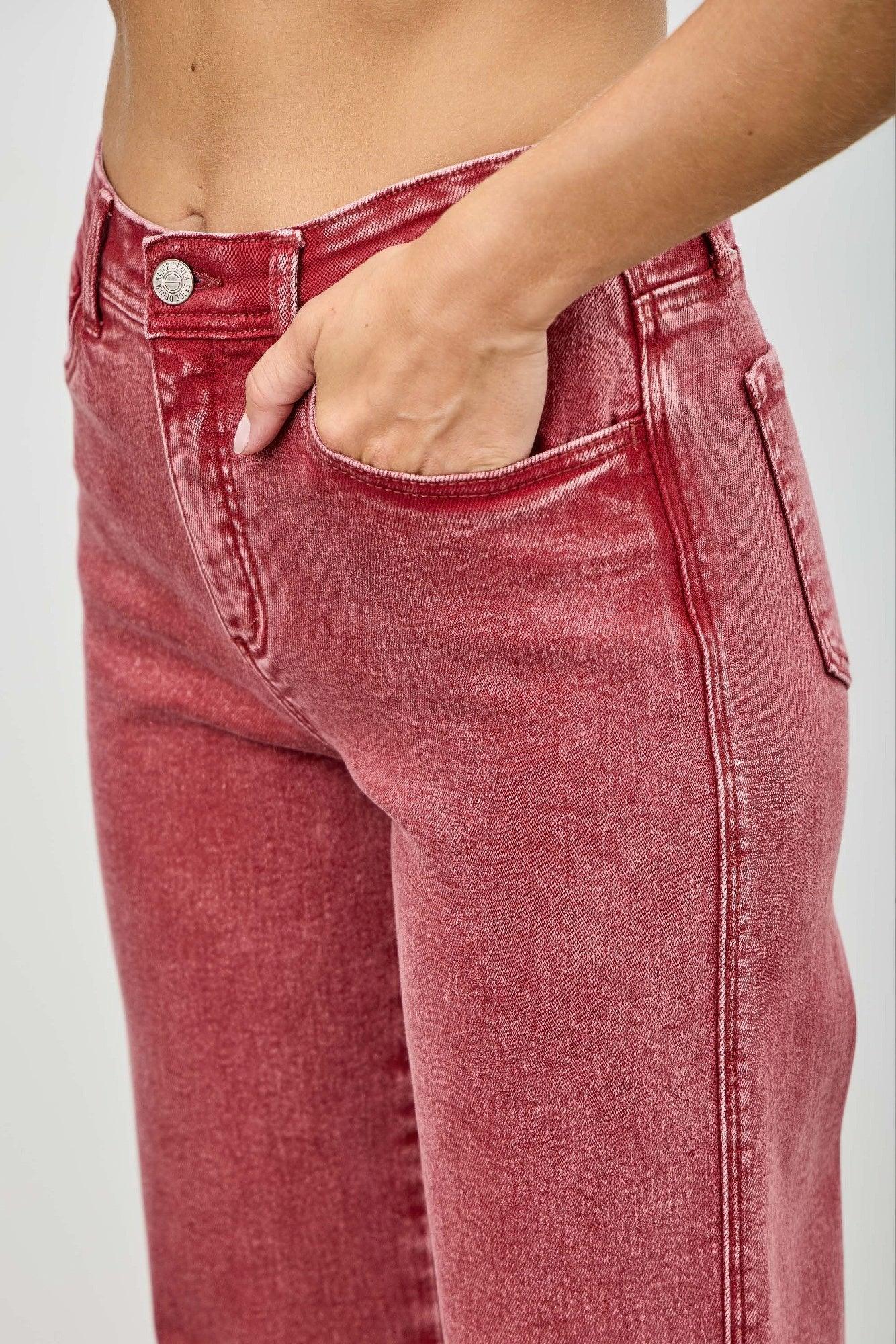 Saige Denim High Rise Slim Wide Straight Jeans in red faded wash