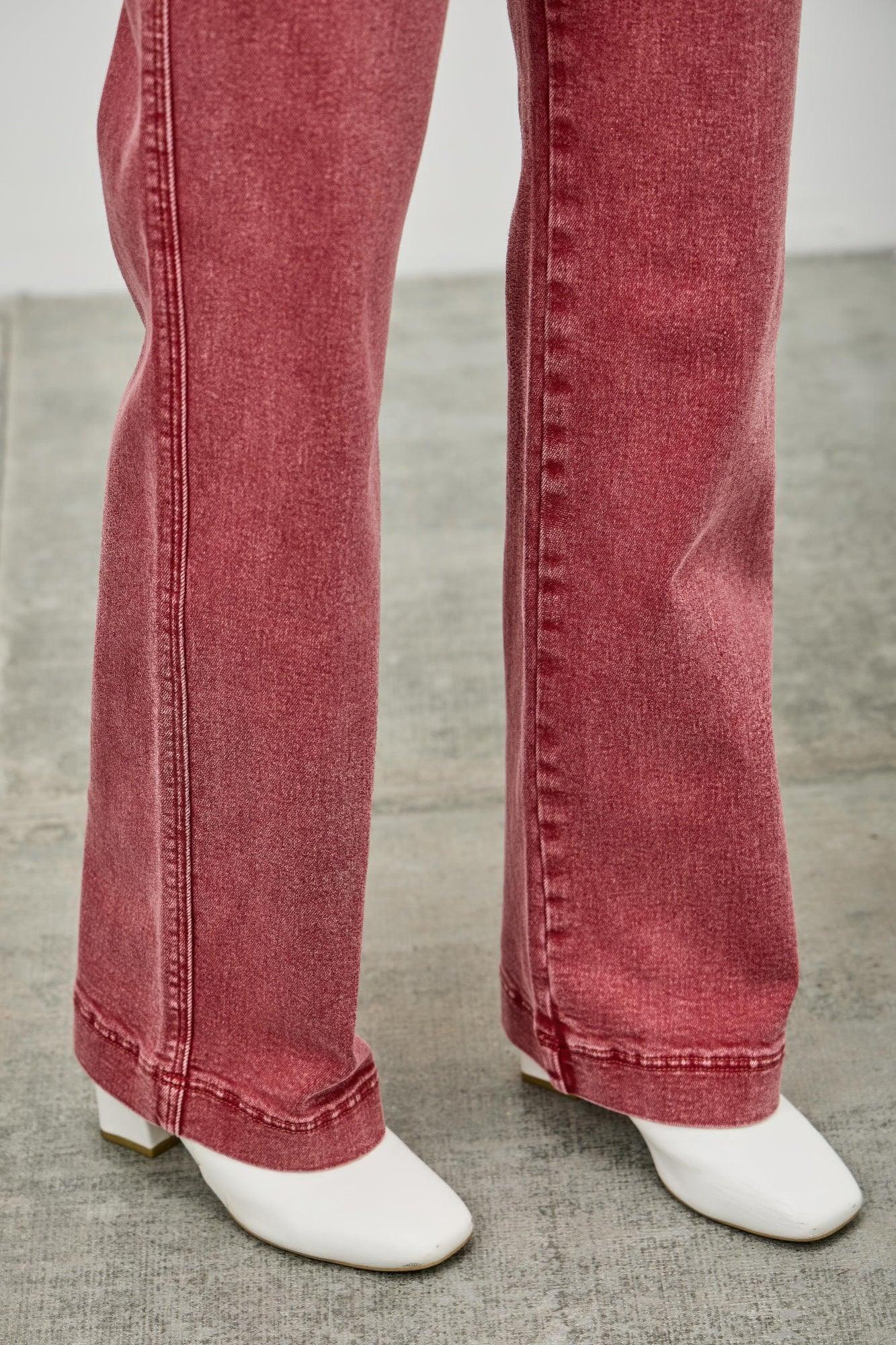 Red washed Saige high-rise slim wide straight denim flare jeans