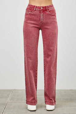 High-rise red Saige denim jeans with straight-leg cut and rolled cuffs