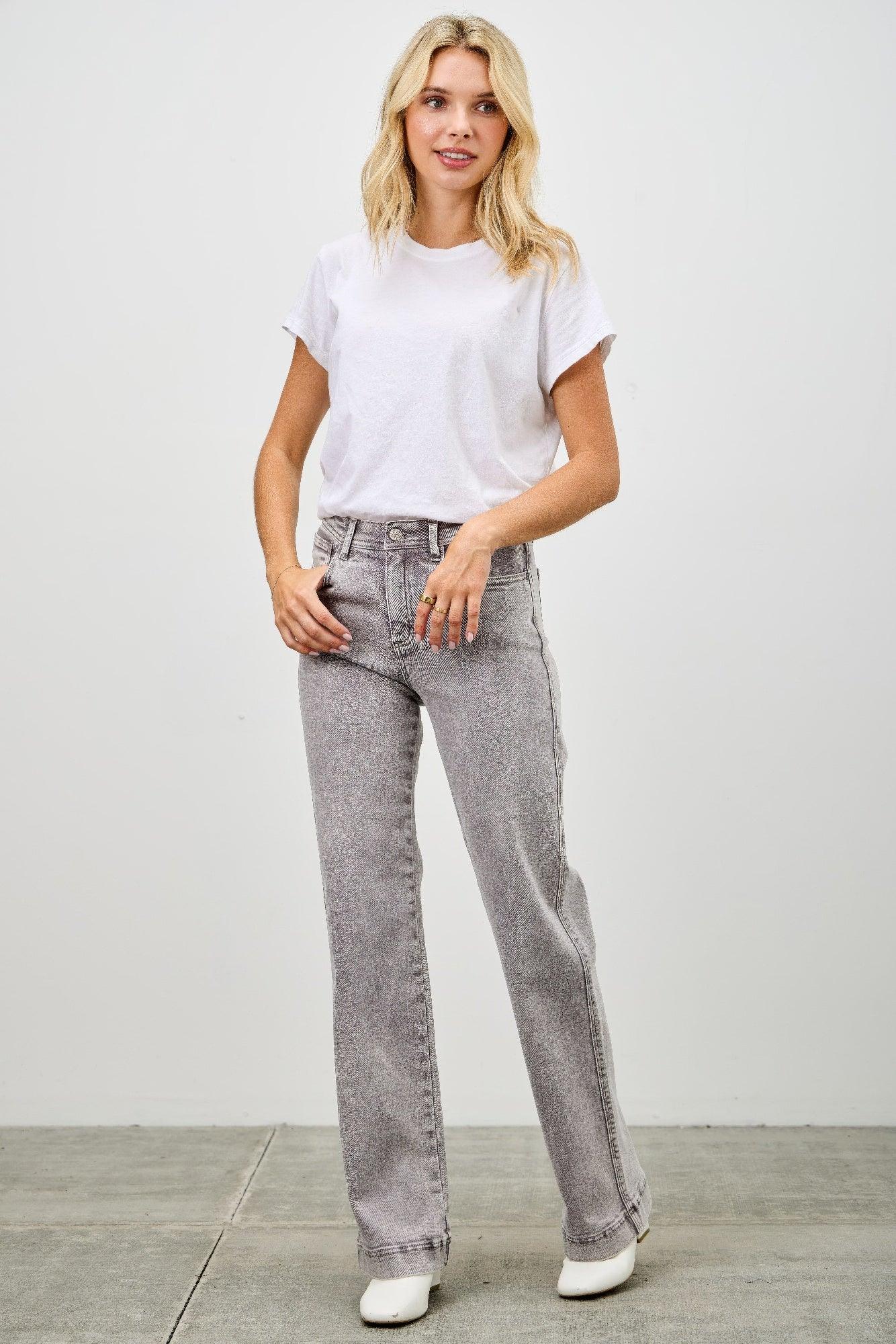 High-waisted straight-leg gray Saige Denim jeans with faded wash