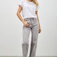 High-rise slim wide straight gray denim jeans with textured finish