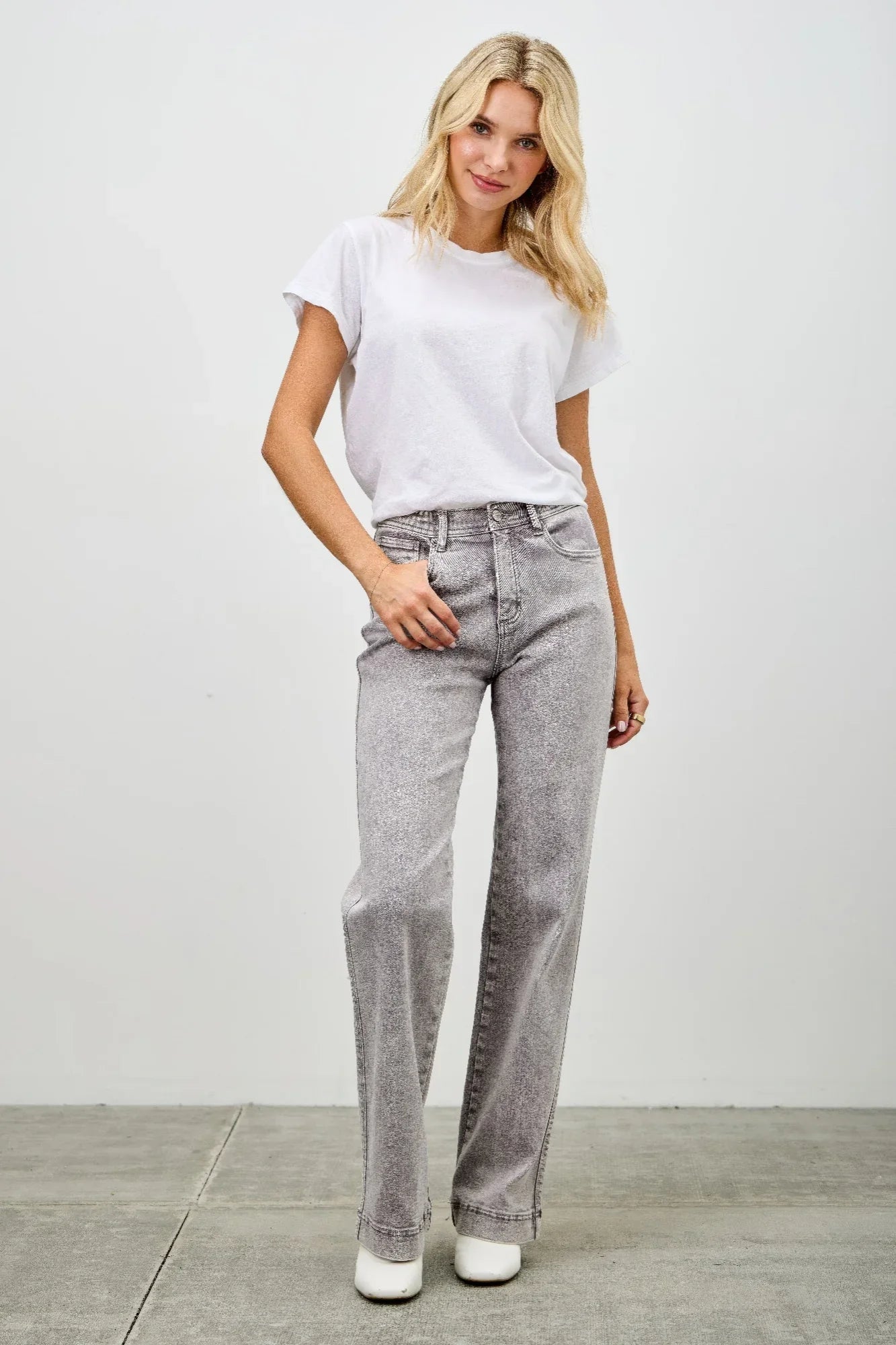High-rise slim wide straight gray denim jeans with textured finish
