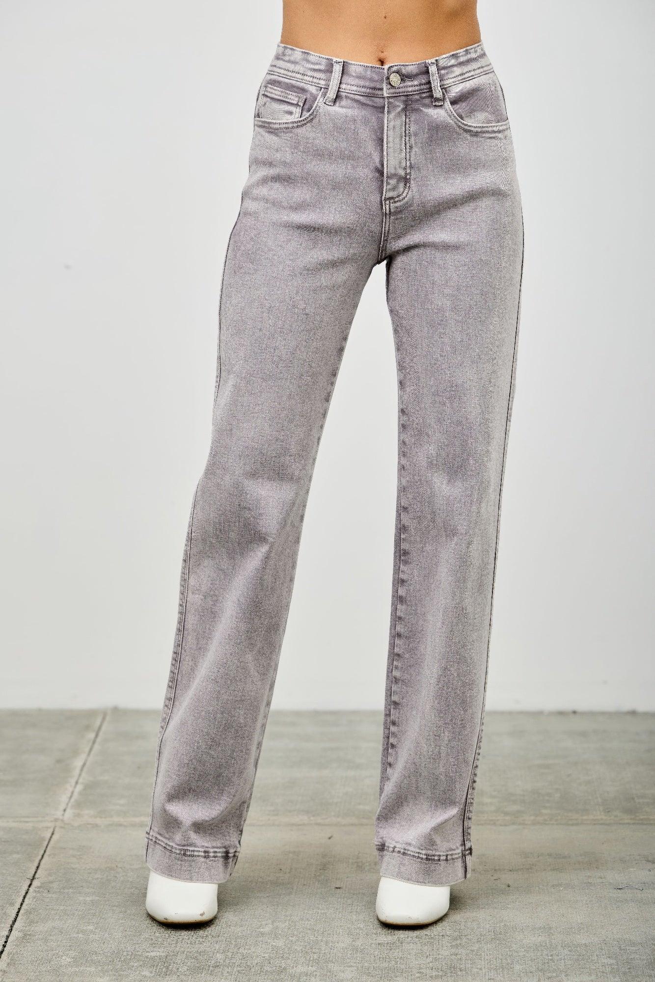 Gray high-rise wide-leg Saige denim jeans with faded wash and zipper fly