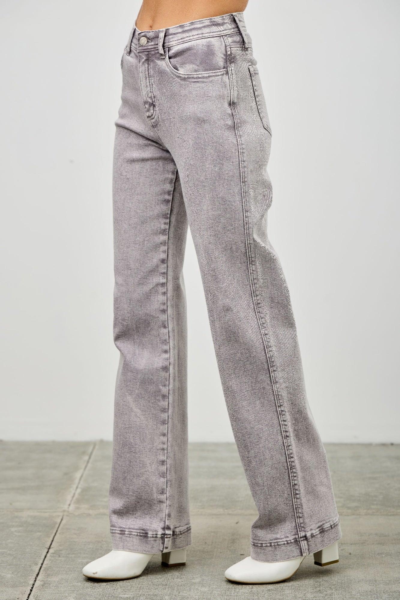 High-rise slim wide straight Saige denim jeans in faded gray with frayed cuffs