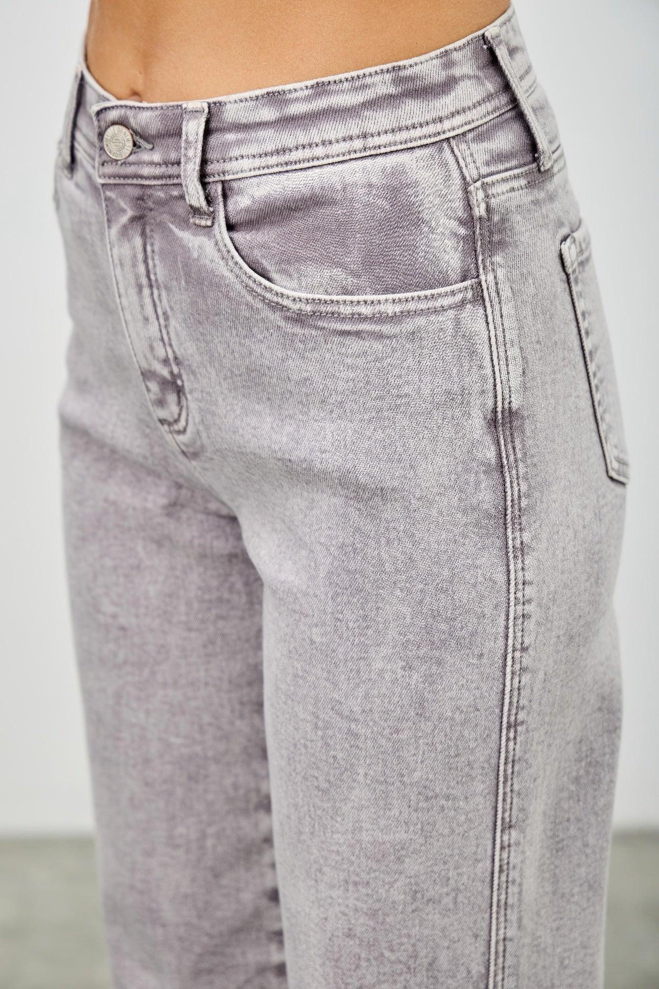 High-waisted gray Saige denim jeans with faded wash and five-pocket design