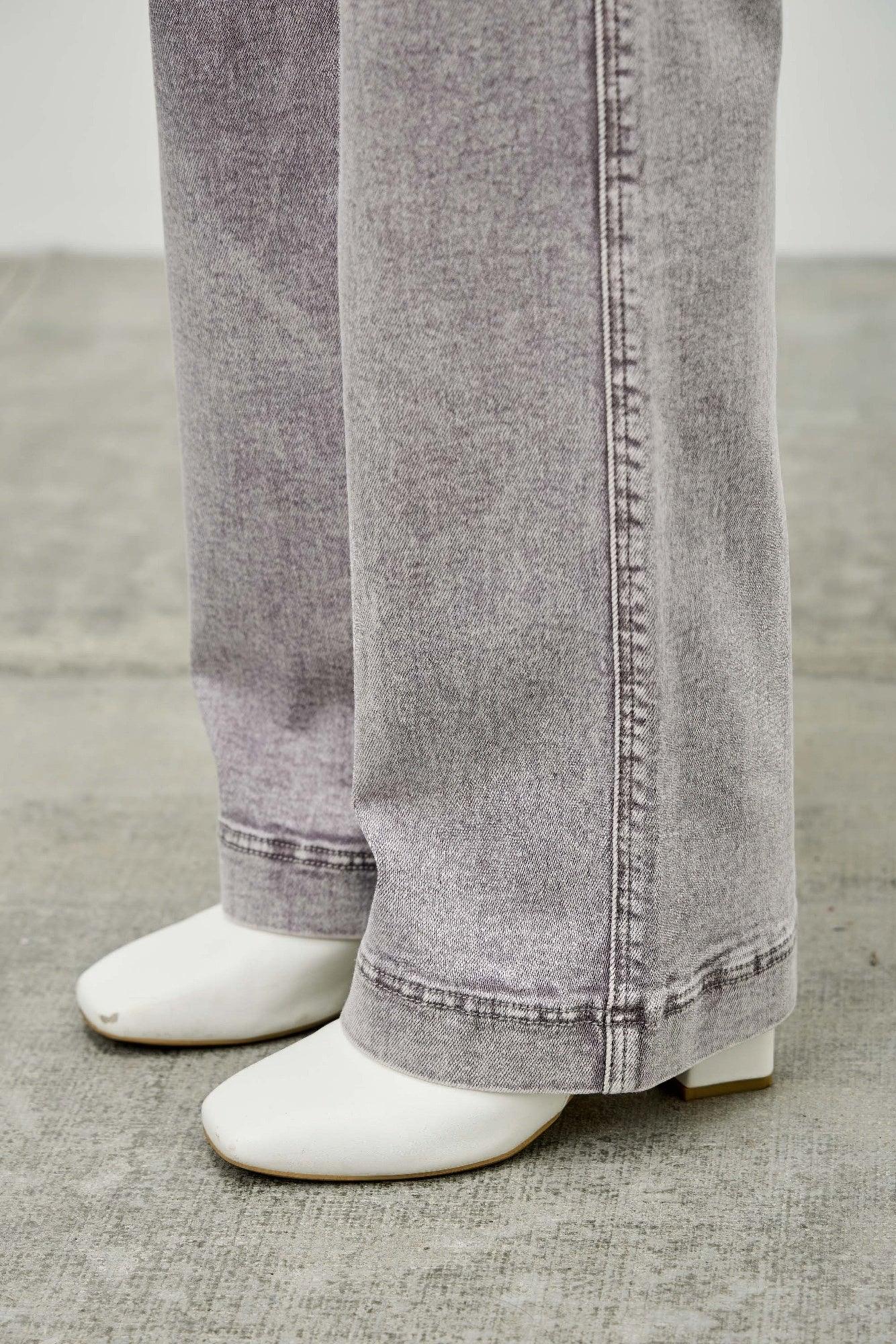 Gray Saige high-rise slim wide straight denim jeans with faded wash and side stitching