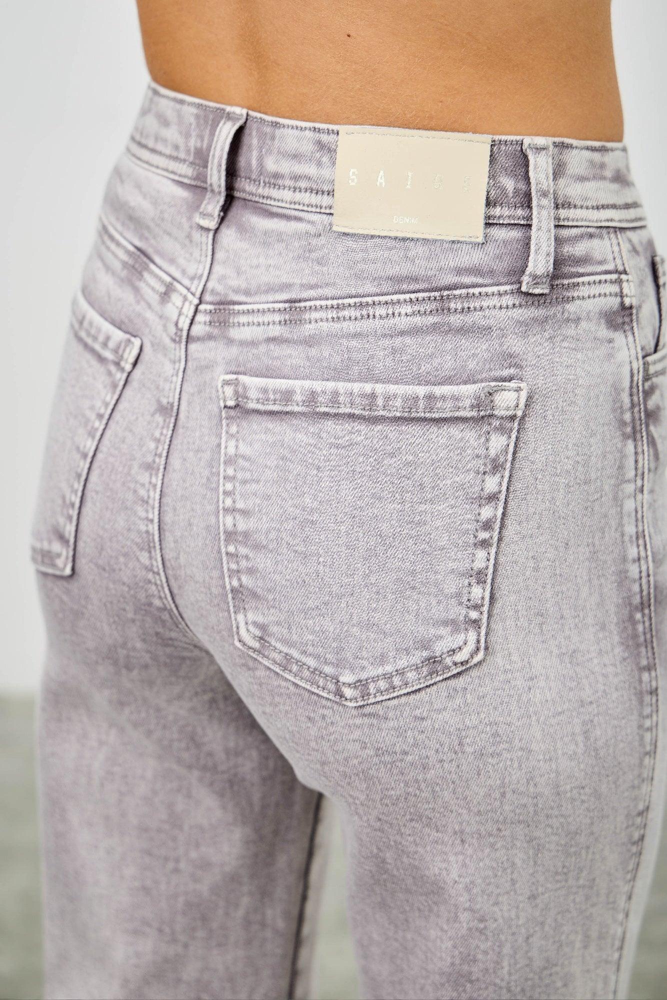 Saige Denim high-rise slim wide straight jeans in gray washed faded texture