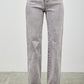 High-rise slim wide straight gray denim jeans with faded wash and visible stitching