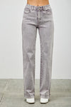 High-rise slim wide straight gray denim jeans with faded wash and visible stitching