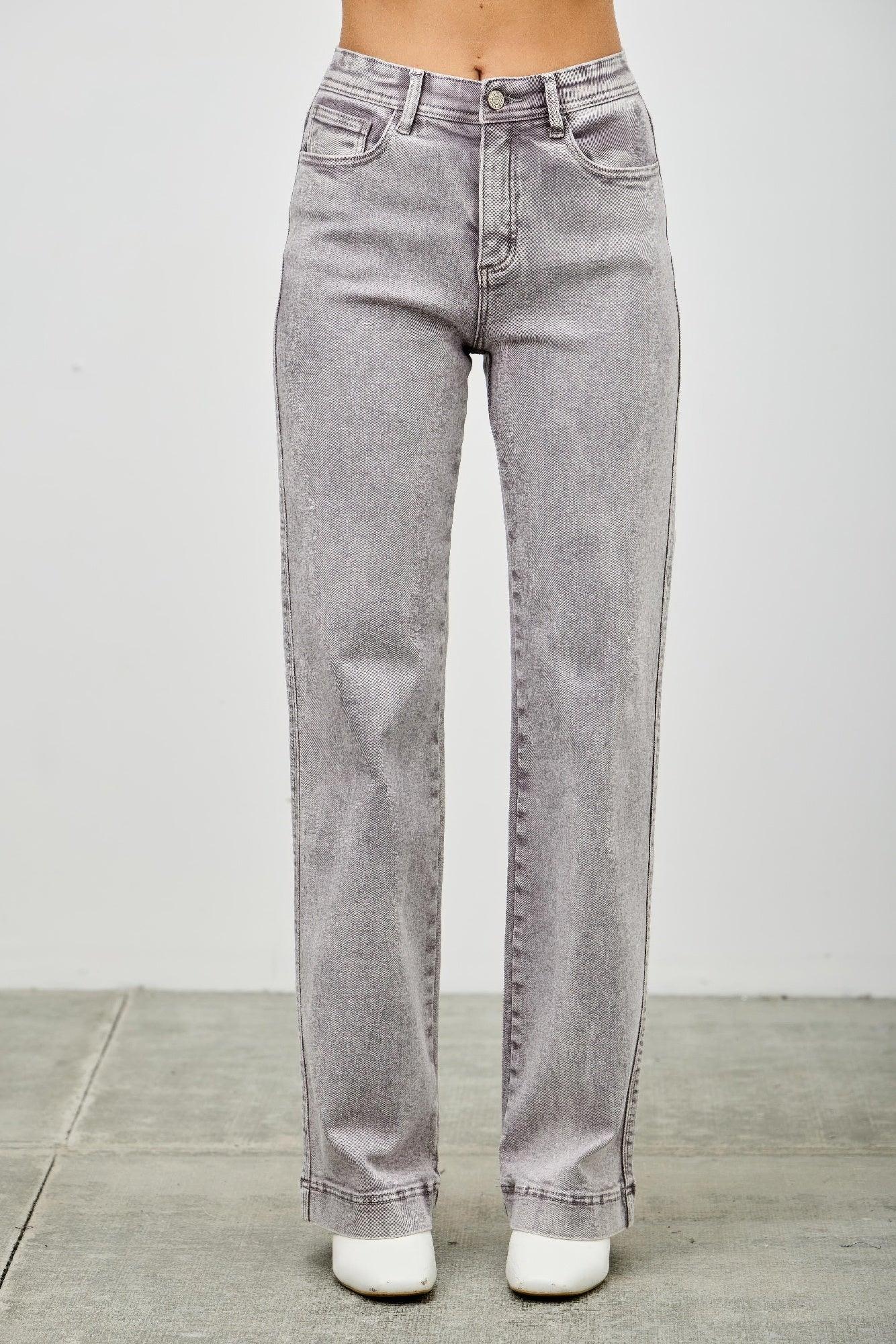 High-rise slim wide straight gray denim jeans with faded wash and visible stitching
