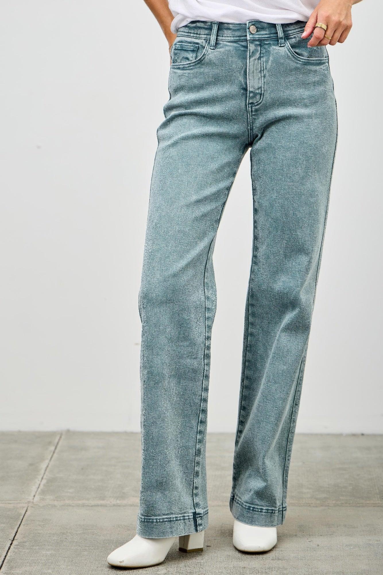 Seige Denim high-rise slim wide straight light blue jeans with rolled cuffs