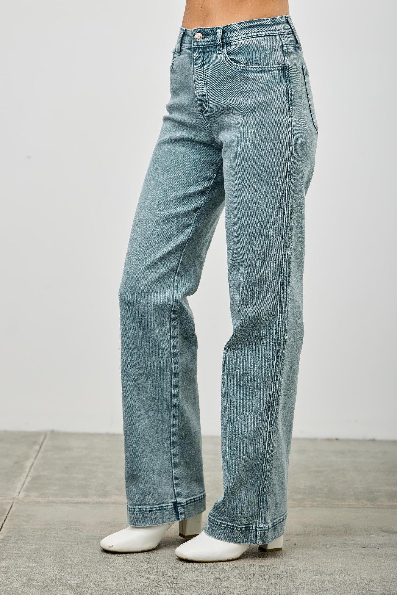High-waisted light blue Seige Denim straight-leg jeans with rolled cuffs