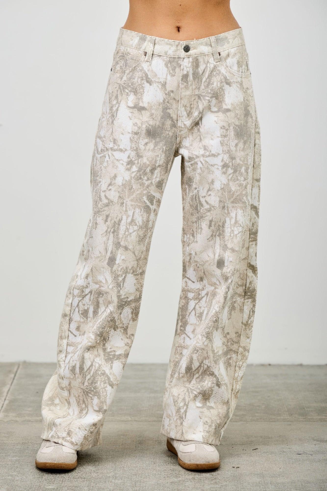 Wide-leg Seige Denim plus size high rise jeans with beige gray palm tree print