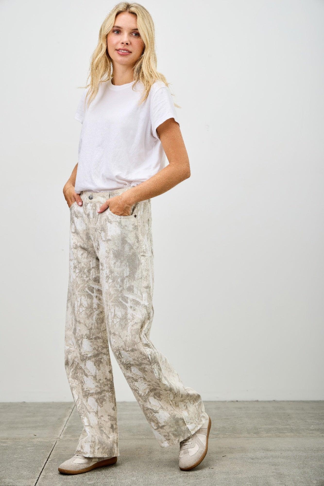 Beige and gray abstract pattern wide-leg trousers in lightweight fabric