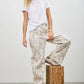Wide-leg beige-gray botanical print cotton twill trousers