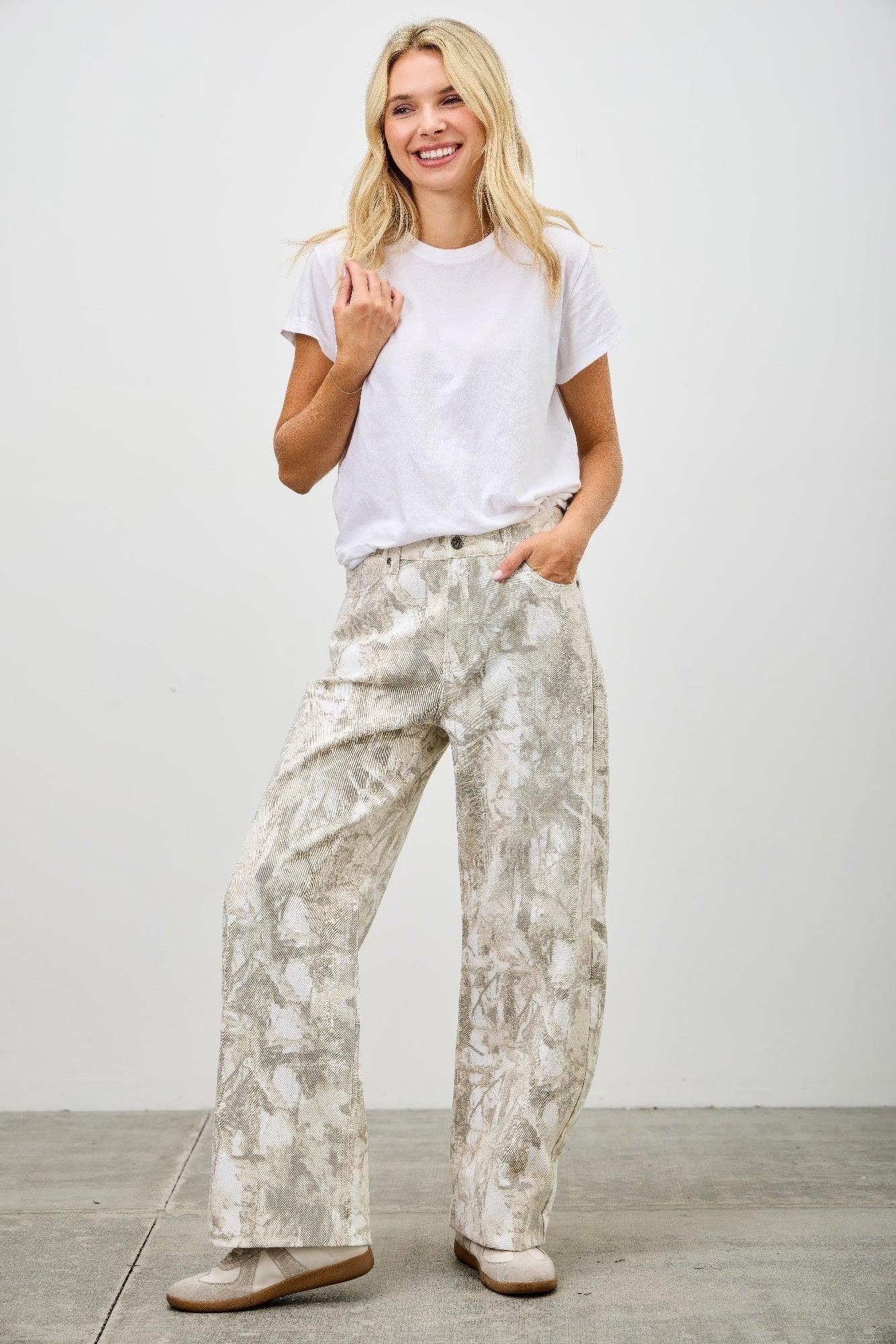 Seige Denim plus size high-rise barrel jeans in beige gray abstract leaf cotton