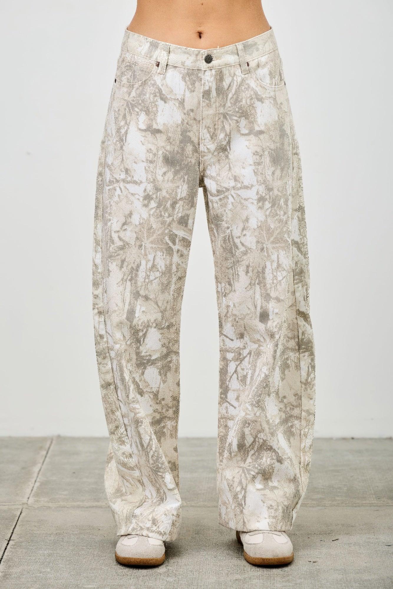 Wide-leg plus size high-rise Seige denim jeans in muted beige-gray camo