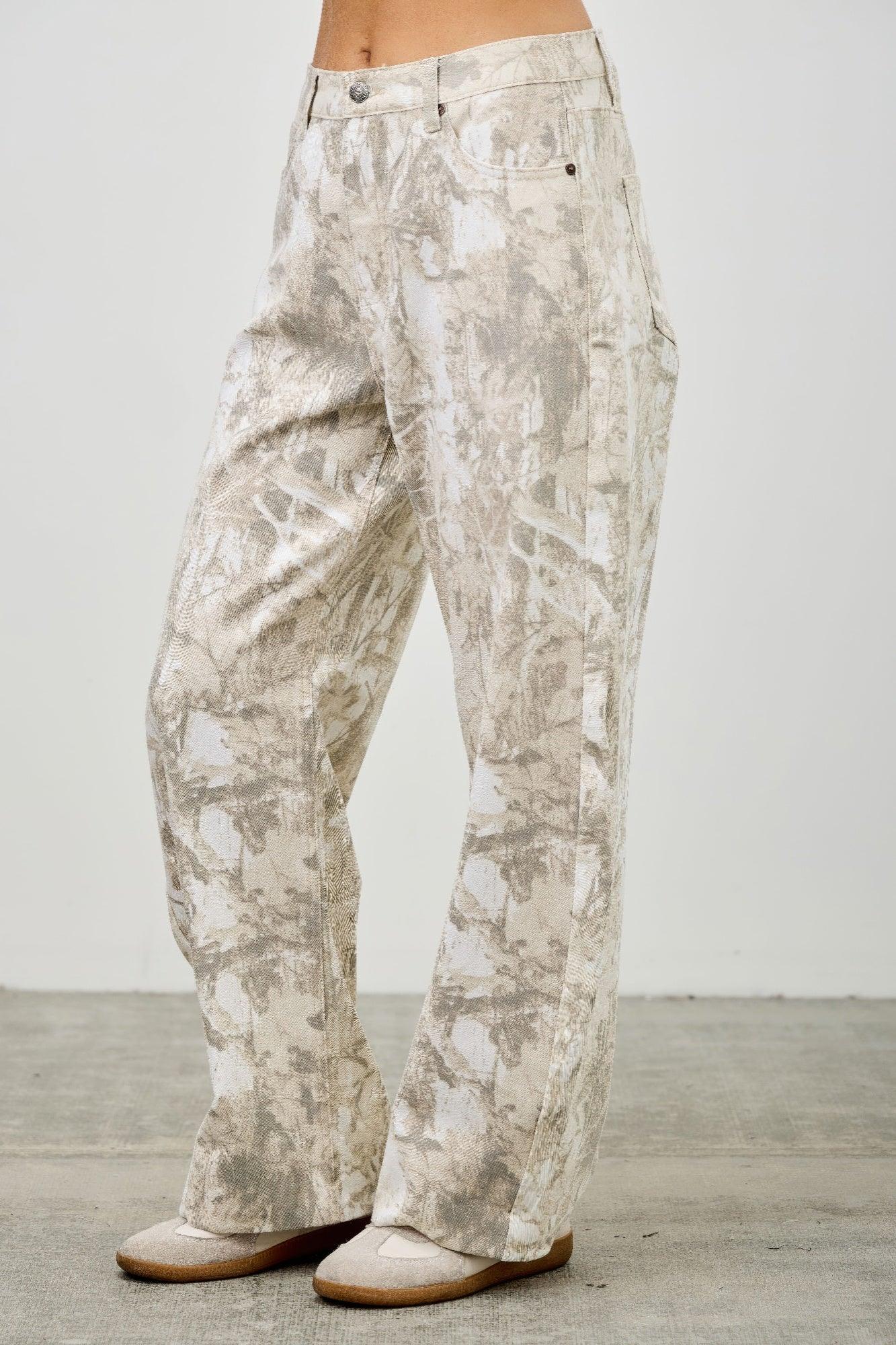 Seige Denim plus size high-rise low-curve barrel jeans in beige gray abstract camo