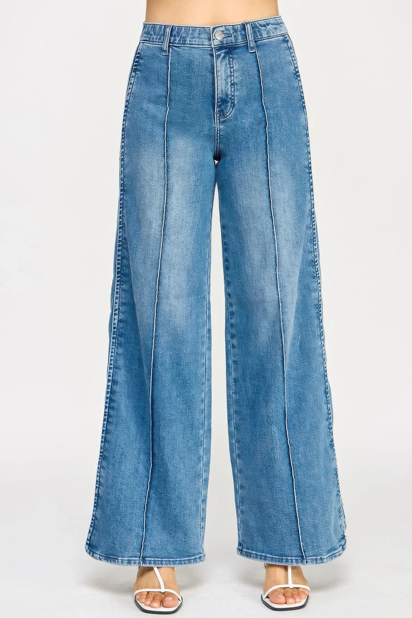 Saige Denim high-rise wide-leg tummy control jeans in medium blue wash