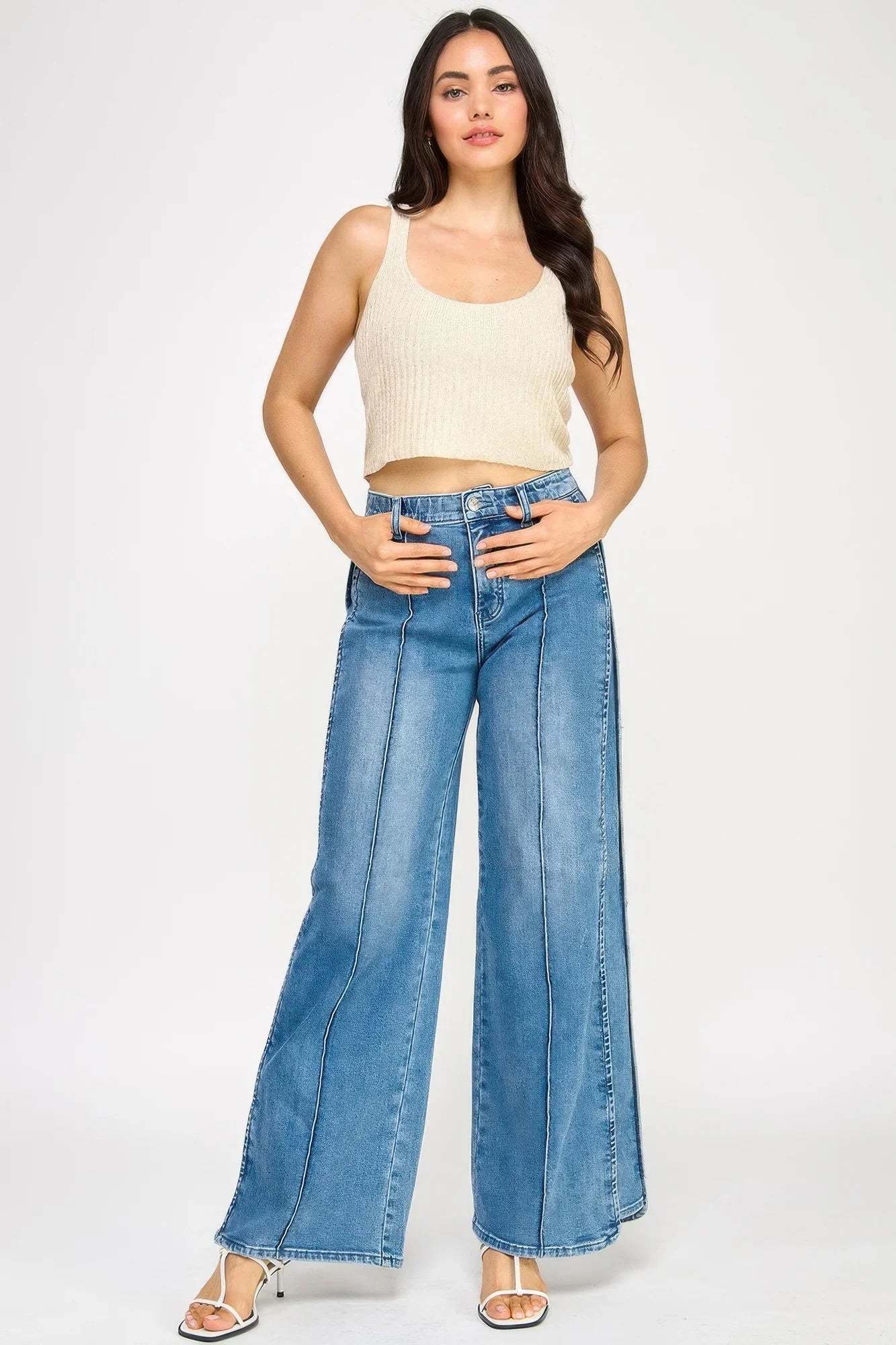 Saige Denim High Rise Wide Leg Tummy Control Jeans in blue with visible stitching