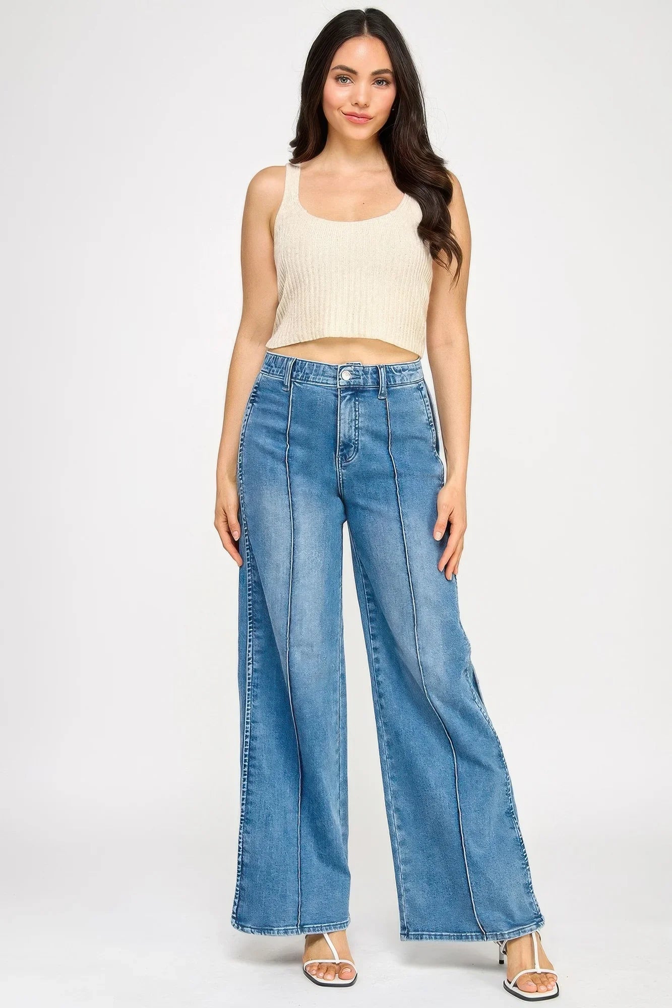 Saige Denim high-rise wide-leg jeans with tummy control and visible stitching