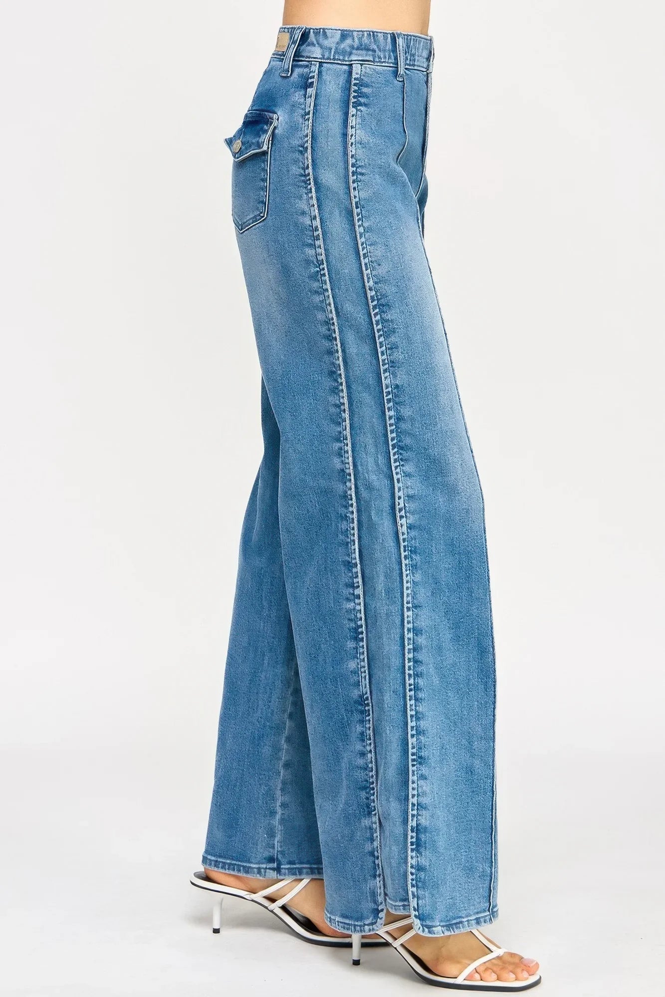 Saige Denim high-rise wide-leg tummy control jeans in medium blue