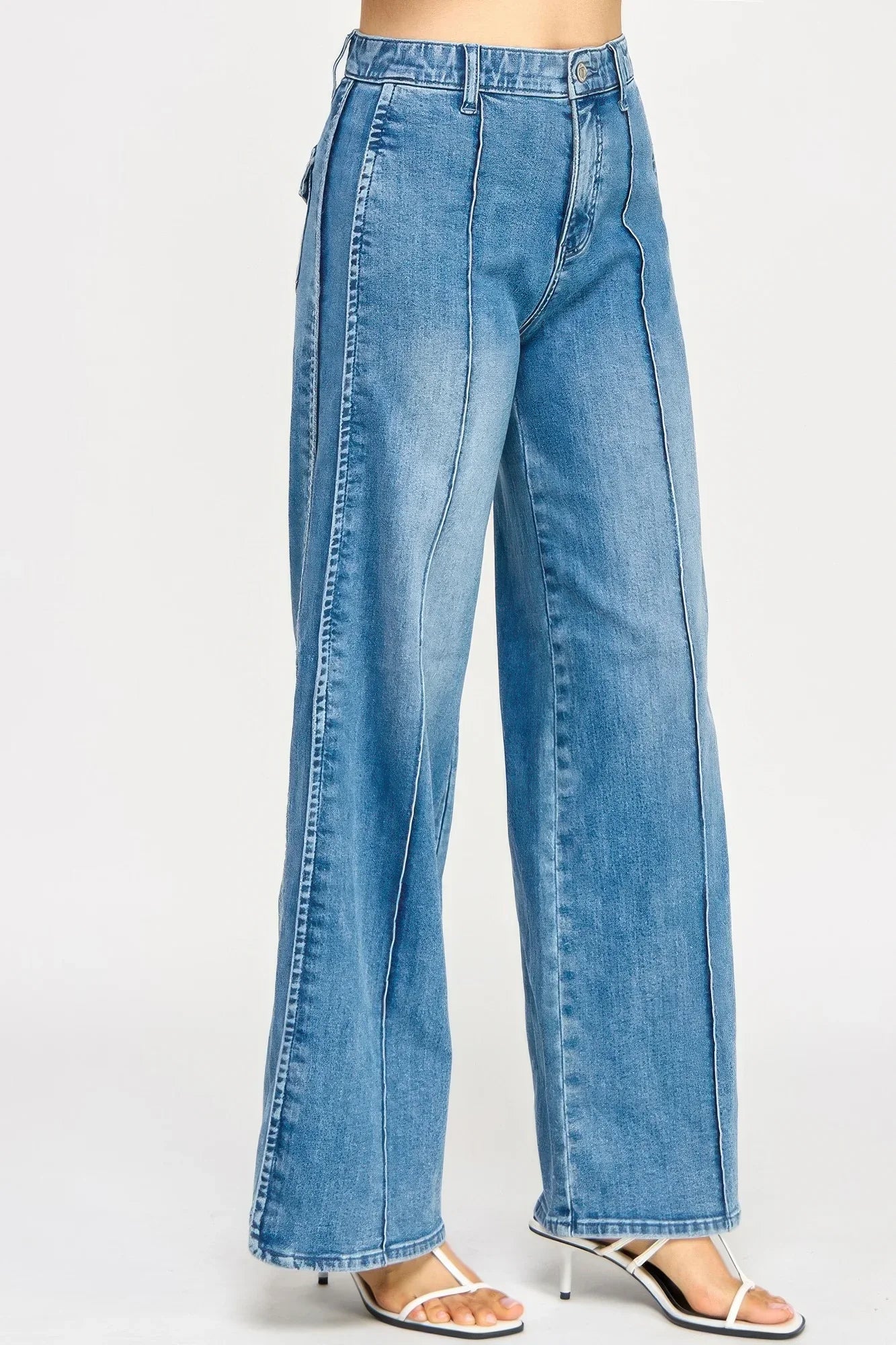 Saige Denim high-rise wide-leg jeans in light-wash blue with tummy control
