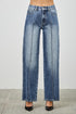 High-waisted wide-leg denim jeans in medium blue wash with frayed hems