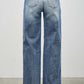 Mid-rise straight pintuck wide-leg denim jeans in medium-wash blue with fading and distressing