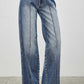 Mid rise straight pintuck faded blue denim jeans with straight-leg cut and visible stitching