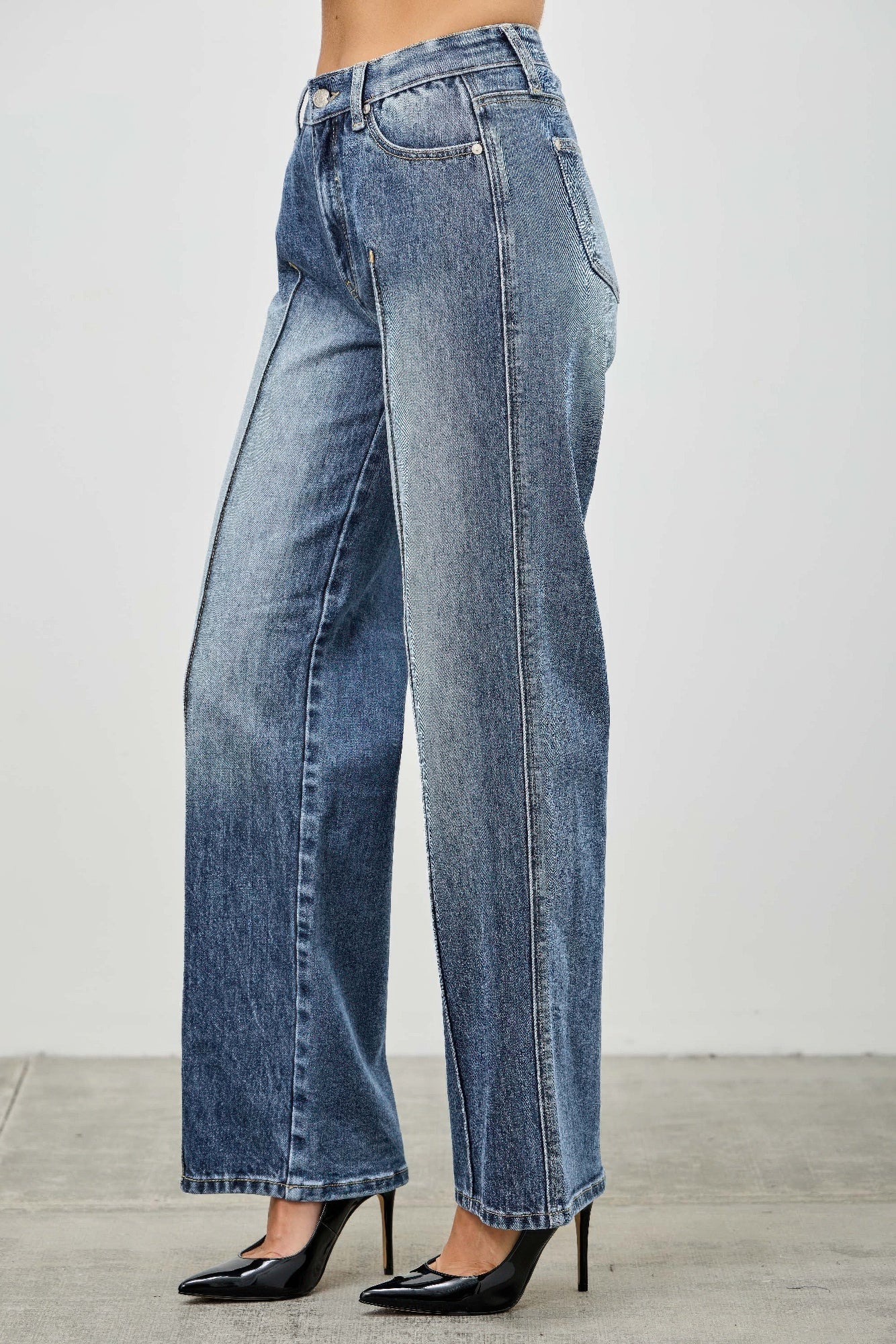 High-waisted wide-leg denim jeans in medium blue wash with fading