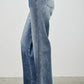 Mid-rise straight pintuck high-waisted wide-leg denim jeans in medium blue wash with fading and frayed hems
