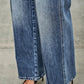 Mid rise straight pintuck wide-leg denim jeans in medium-wash blue