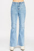 High-rise light-wash denim flare jeans with seam detail and knee patches