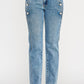 High-rise dad jean with scallop pockets in blue denim and silver buttons