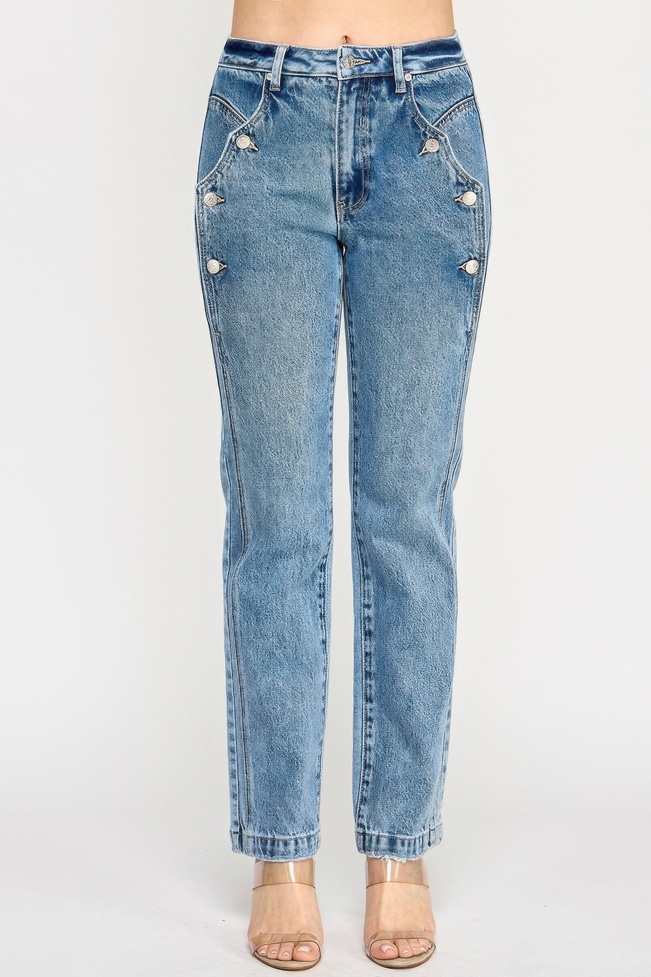 High-rise dad jean with scallop pockets in blue denim and silver buttons