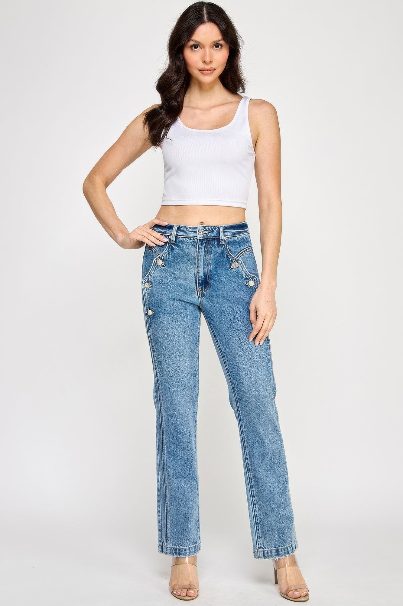 High-rise dad jean with scallop pockets and silver studs in blue denim