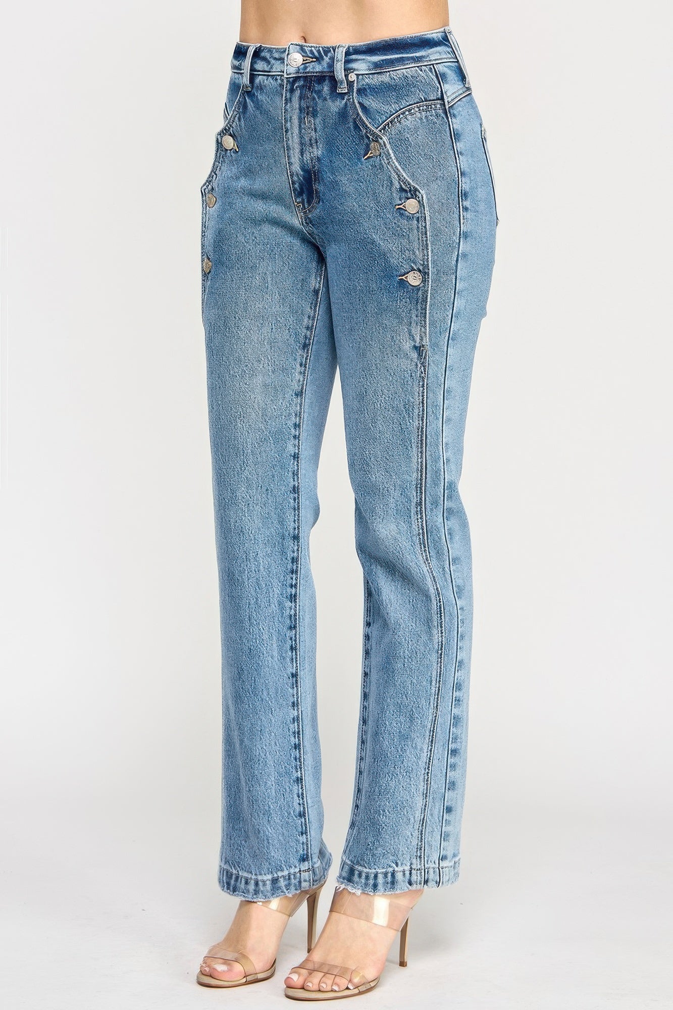 High rise dad jean with light-wash denim, silver side buttons, straight-leg cut