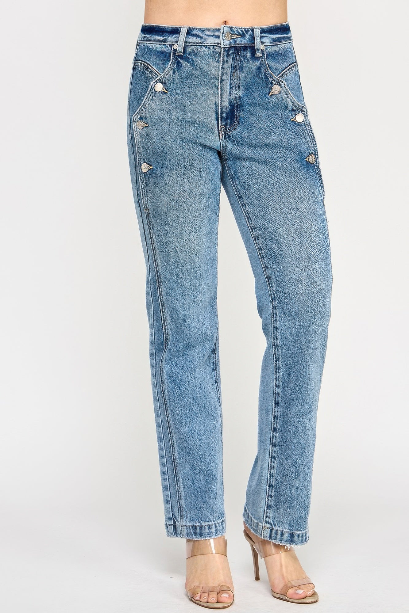 High-rise dad jean with scallop pockets and silver buttons in light-wash denim