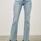 Light-wash high-rise denim flare jeans with frayed hems