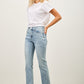 Light-wash mid-rise flare jeans with straight-leg cut and rolled cuffs