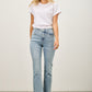 High-waisted light blue faded flare jeans with rolled cuffs