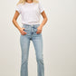 Light-wash denim mid-rise flare jeans with rolled cuffs